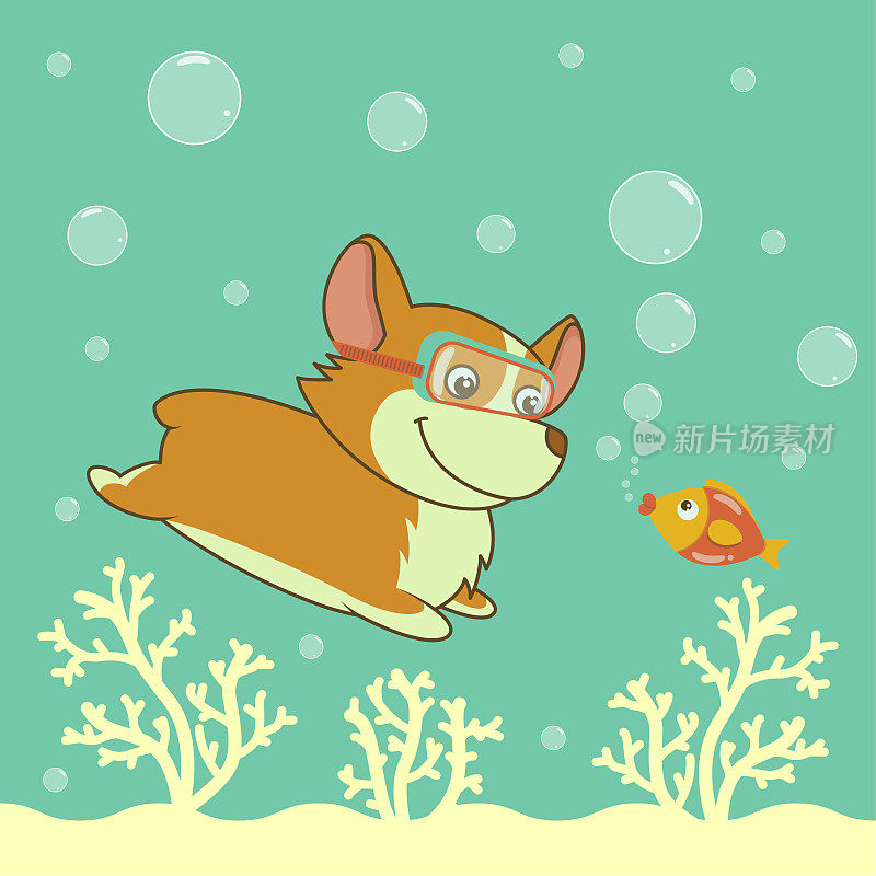 卡通威尔士柯基犬在海里潜水