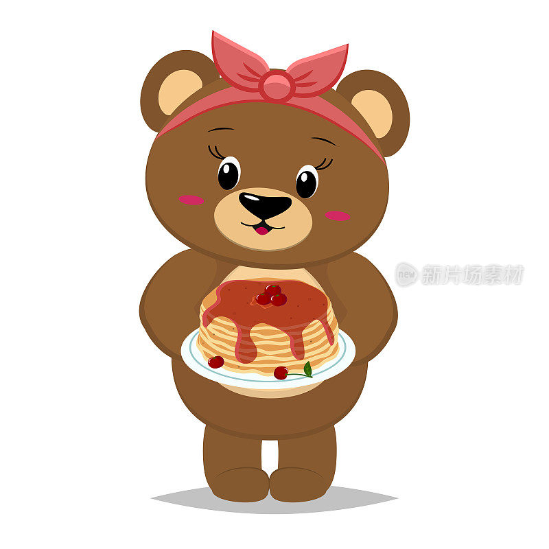 一只带着红色弓的熊拿着一盘煎饼，上面有枫糖浆和樱桃，孤立在白色的背景上