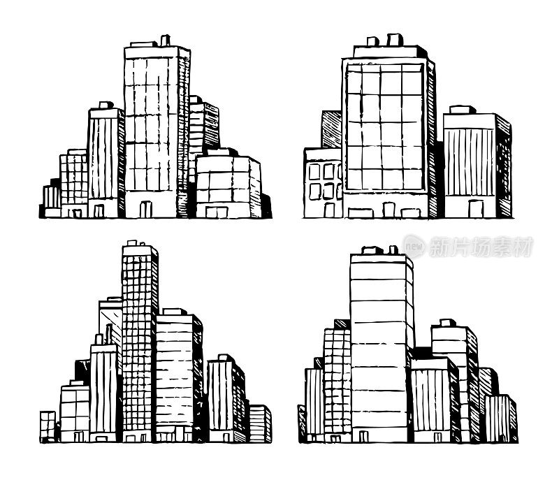 手绘城市矢量建筑摩天大楼