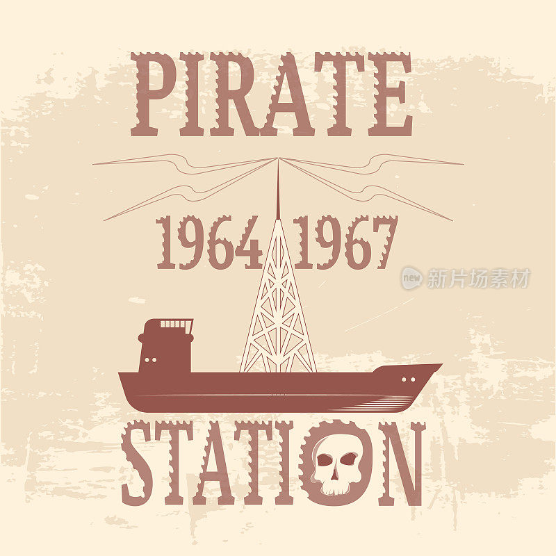 “海盗站1964-1967”船与高耸的天线。不同的邮政。枯燥乏味的背景。向量