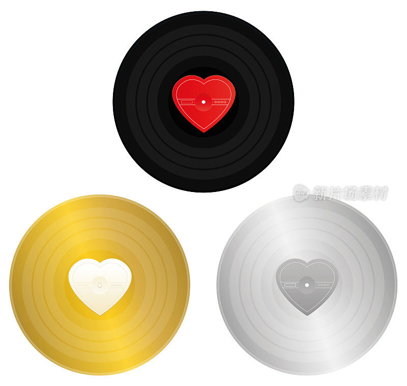 爱情歌曲唱片-黑色，金色和银色的唱片，没有标记的心形中心被标记为奖项或认证。金曲，金曲，旧情歌的象征。