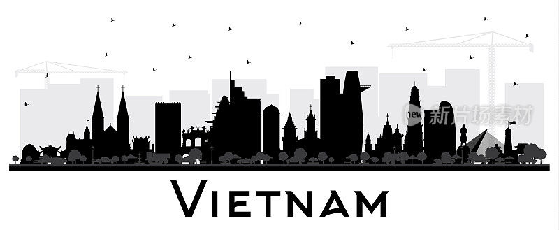 越南城市天际线轮廓与黑色建筑孤立在白色。