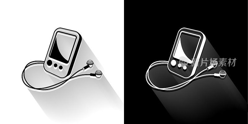 MP3播放器黑色和白色图标与长影子