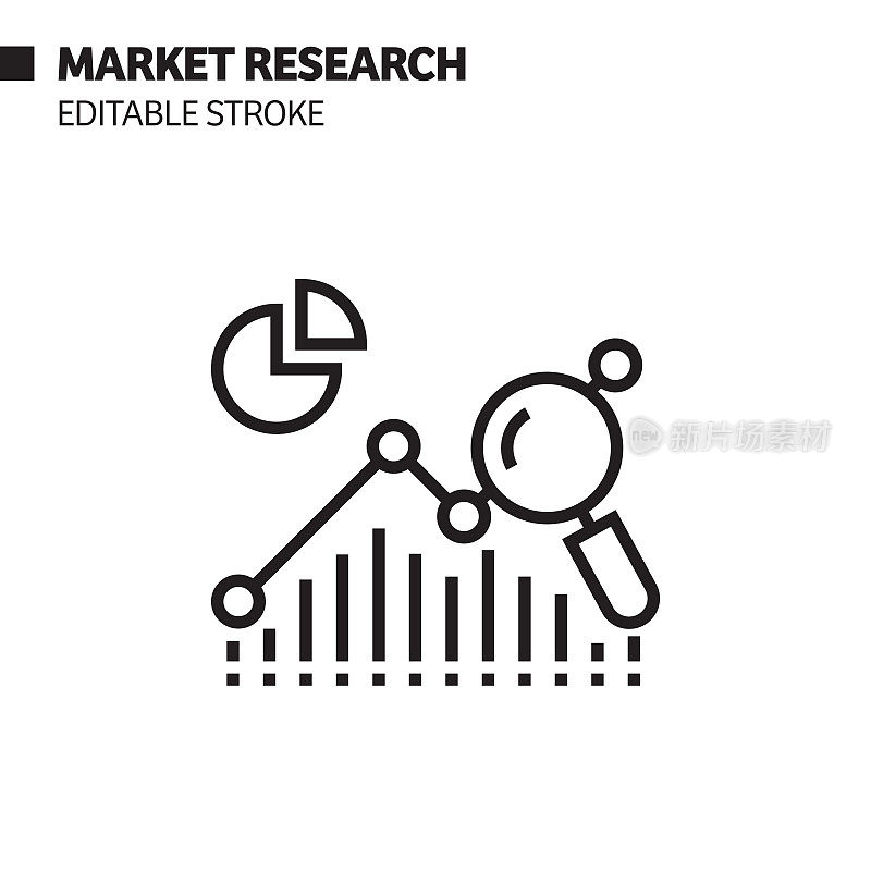 市场调研线图标，轮廓矢量符号插图。完美像素，可编辑的描边。