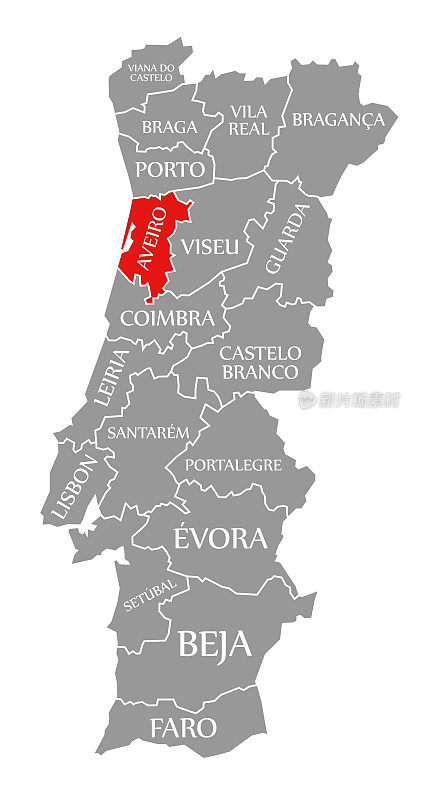 阿威罗红色突出显示在葡萄牙地图