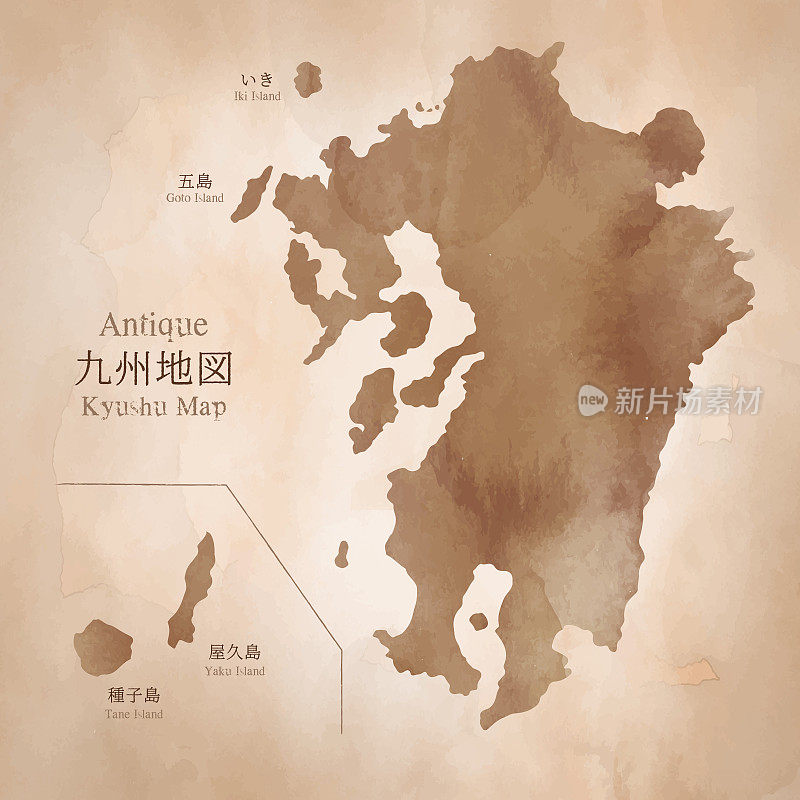 日本九州地区仿古地图，具有水彩纹理