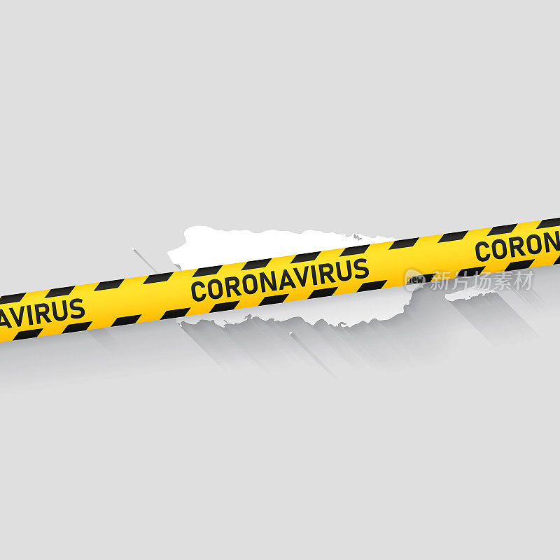 带有冠状病毒警告胶带的波多黎各地图。Covid-19爆发