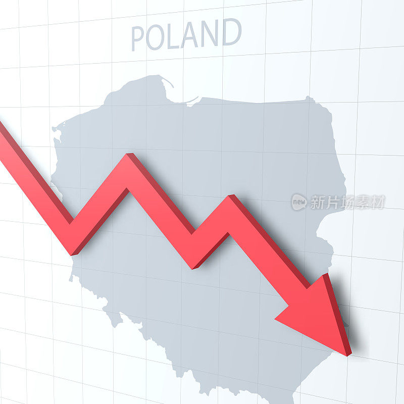 下落的红色箭头与波兰地图的背景