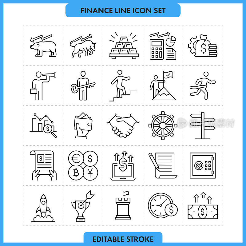 财务和成功线图标设置。可编辑的中风
