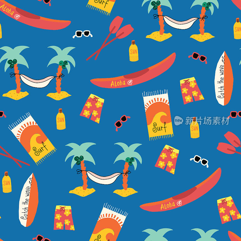 无缝矢量图案与棕榈树吊床，冲浪板，独木舟，木板短裤，海滩毛巾，太阳镜，防晒霜。重复海滩日的背景。夏威夷海滩设计。