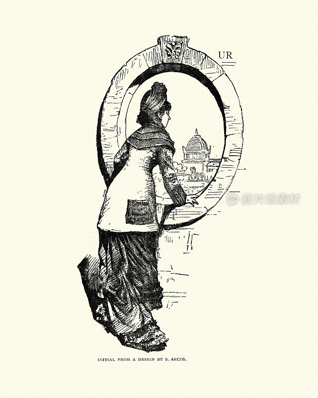 从圆形窗户向外看的女人，大写字母O，维多利亚时代