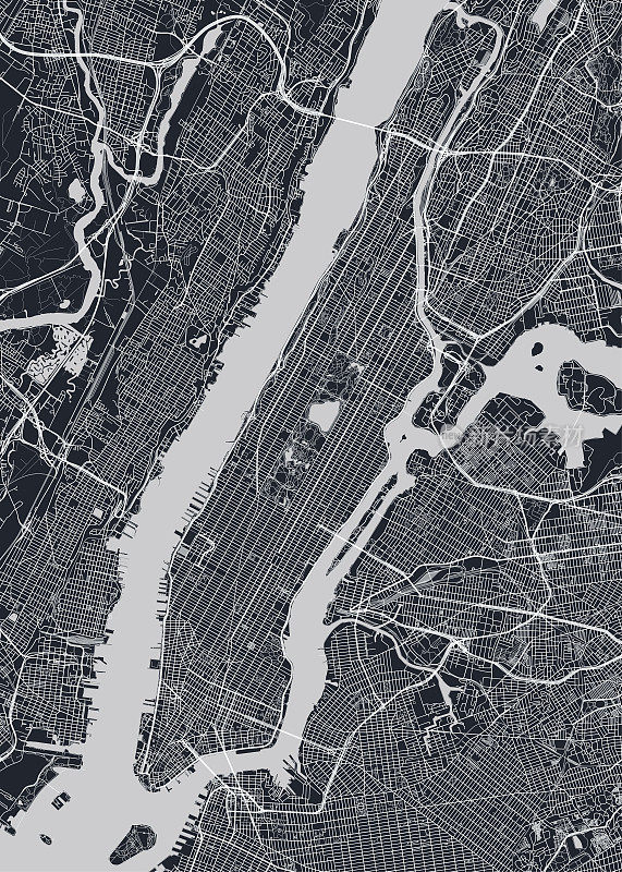 详细的行政区地图曼哈顿纽约市，单色矢量海报或明信片城市街道平面图鸟瞰图