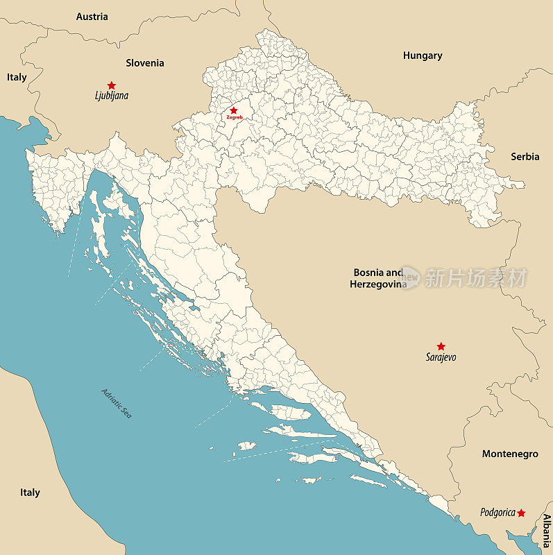 克罗地亚各市矢量地图，以县为颜色，与邻国和领土