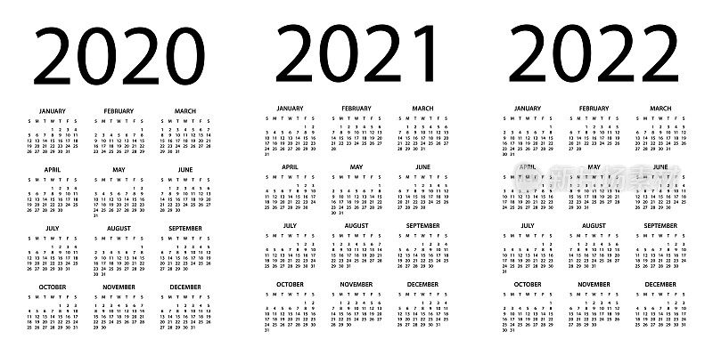 日历2020年，2021年，2022年-简单布局插图。一周从周日开始。日历设定为2020年、2021年、2022年