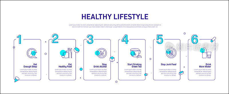 健康生活方式相关过程信息图表模板。过程时间图。使用线性图标的工作流布局