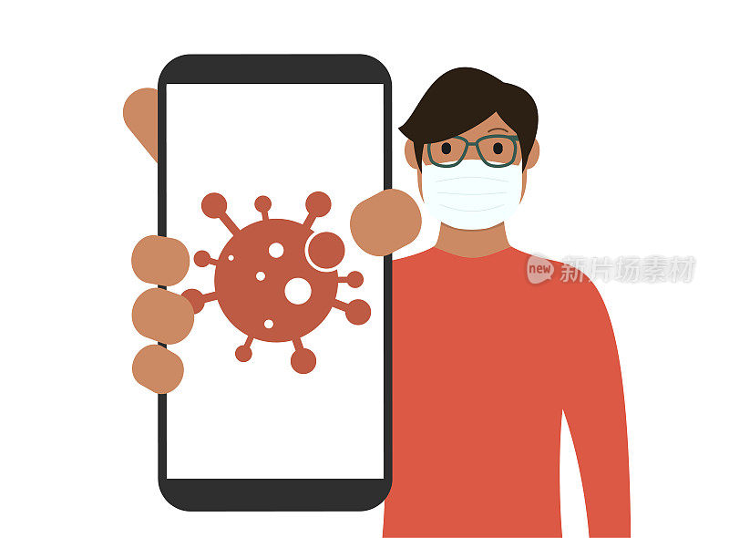 戴着医用口罩的男子展示带有病毒应用程序的智能手机。卡通矢量股票插图