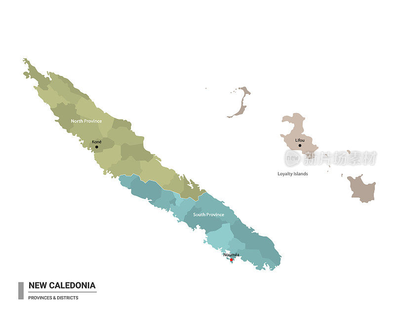 新喀里多尼亚高详细地图与细分。新喀里多尼亚行政地图，带有地区和城市名称，按州和行政区域着色。矢量插图。