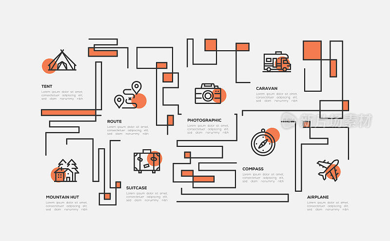 信息图表设计模板。帐篷，山小屋，路线，手提箱，摄影，大篷车，指南针，飞机图标8个选项或步骤。