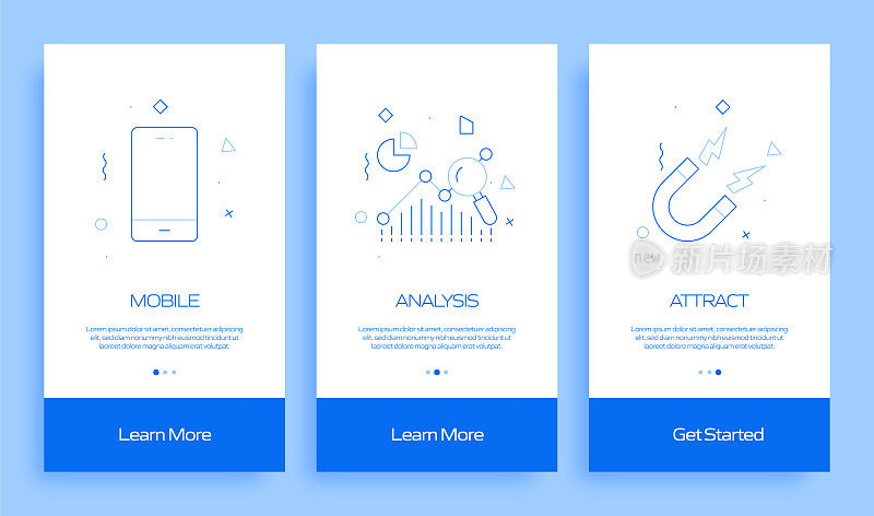 带有平面图标的移动应用页面屏幕用户体验，用户界面设计模板矢量插图
