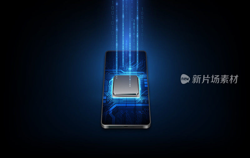 未来感十足的微芯片处理器，带有蓝色的手机背光。量子电话，大数据处理，数据库概念。矢量插图。