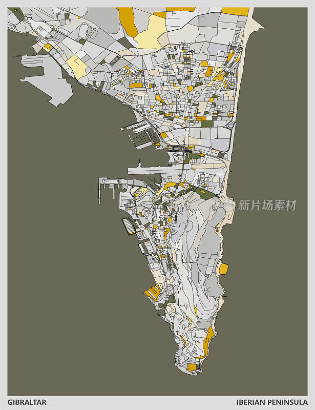 彩色艺术插画风格地图，直布罗陀城市，伊比利亚半岛