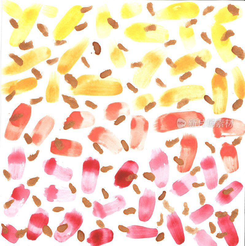 抽象的绘画图案在白色的背景，红色和黄色的点条纹点与辉光。