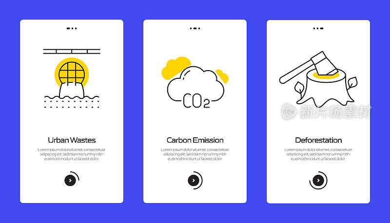 全球变暖概念上车移动应用程序页面屏幕与平面图标。UI设计模板矢量插图