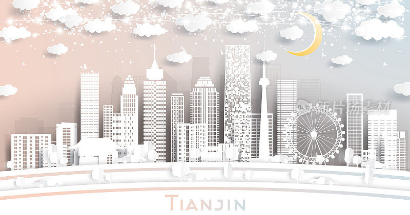 剪纸风格的天津城市天际线与白色建筑，月亮和霓虹灯花环。