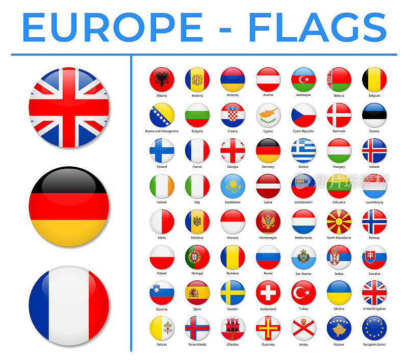 世界旗帜-欧洲-矢量圆圆光滑的图标