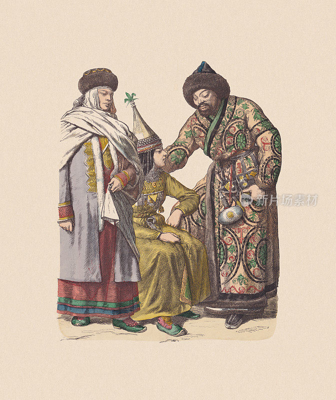 19世纪，亚洲服饰(俄罗斯)，手工着色木刻，大约1880年出版