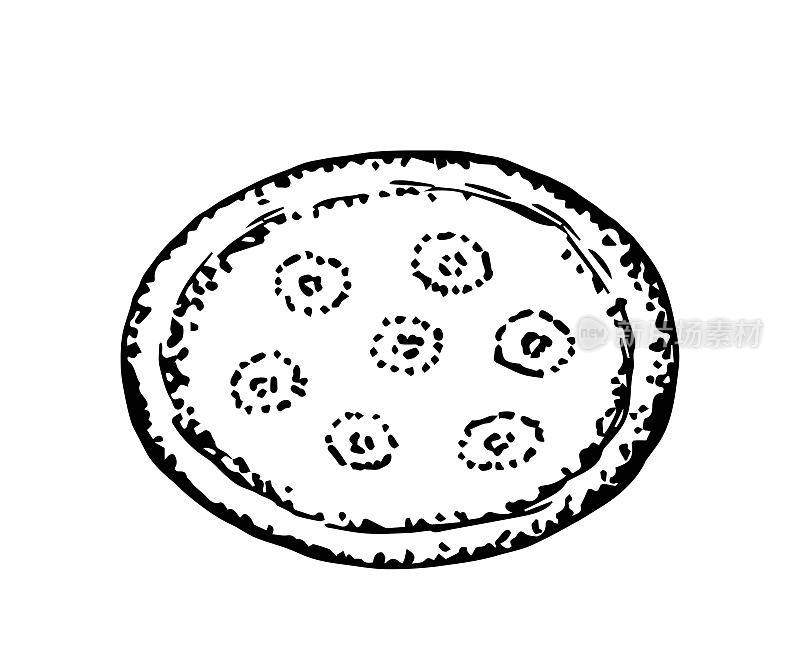 简单的手绘矢量图在黑色的轮廓。火锅饼，传统的东方美食。面粉制品，圆面包。