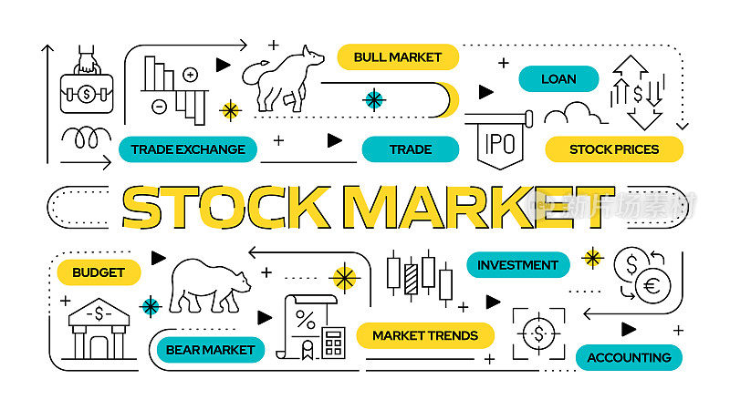 股票市场相关的矢量横幅设计概念，与图标的现代线条风格