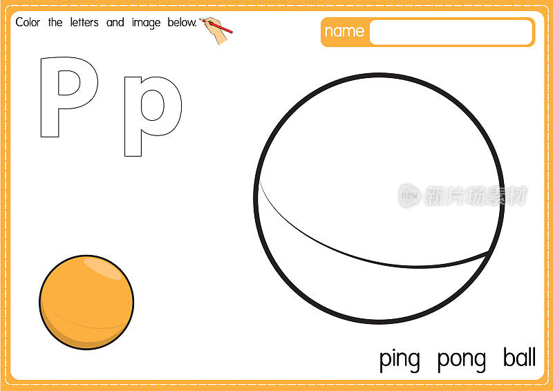 矢量插图的儿童字母着色书页与概述剪贴画，以颜色。字母P代表乒乓球。