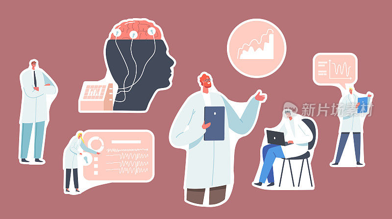 一套贴纸医生神经学家，神经科学家，医生，大脑连接显示与脑电图指示。神经学