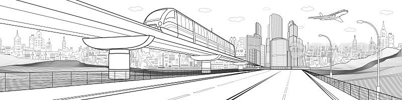 黑色轮廓的基础设施城镇插图。大型高速公路，火车在桥上行驶。白色背景下的现代城市，高楼大厦，商务大厦。飞机飞行。矢量设计艺术