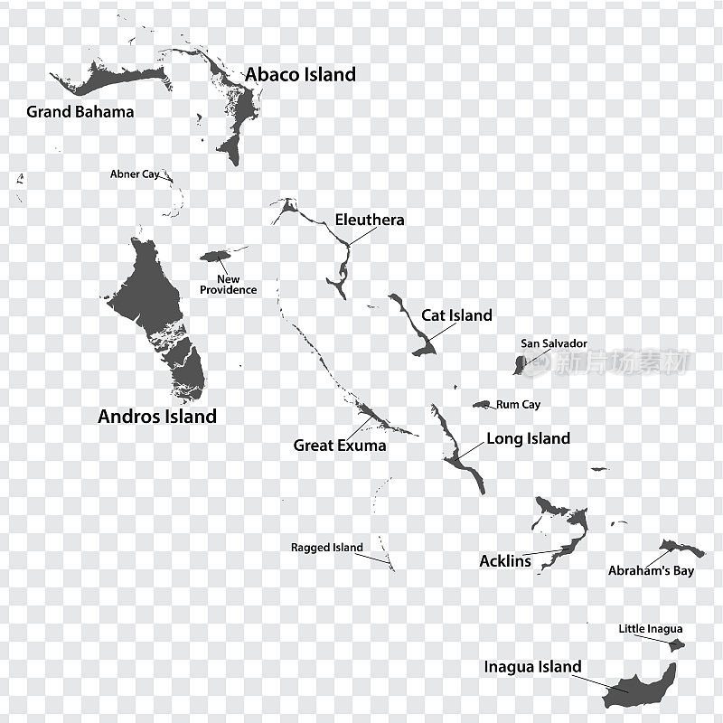 灰色的巴哈马空白地图。每张岛屿地图都有标题。高质量的巴哈马群岛地图与地区透明的背景为您的设计。EPS10。