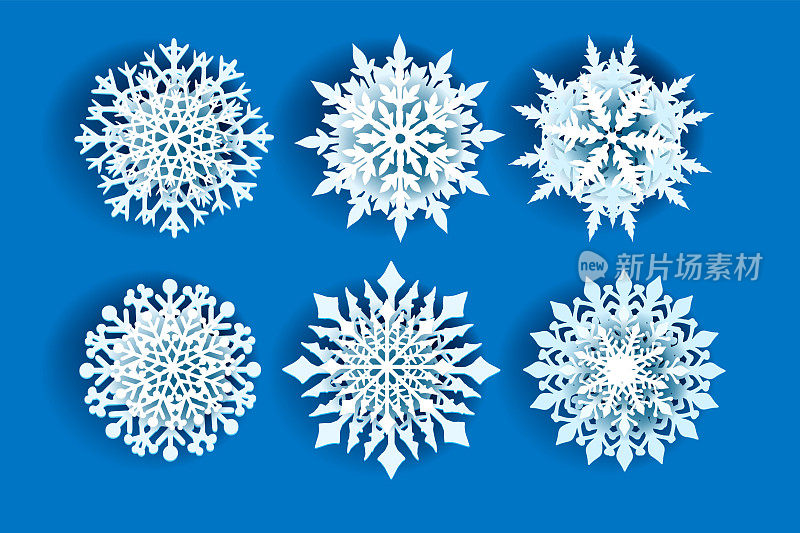 冬季向量圣诞雪花集，圣诞季节图标设计工具包，节日白色的雪在蓝色。