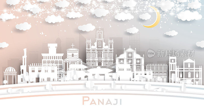 帕纳吉印度城市天际线剪纸风格与白色建筑，月亮和霓虹灯花环。