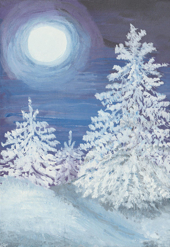 水粉画手绘插图的冷杉树下的雪，雪堆，满月白，漆黑的夜空。松脆的冬天雪森林蓝色和紫色的颜色