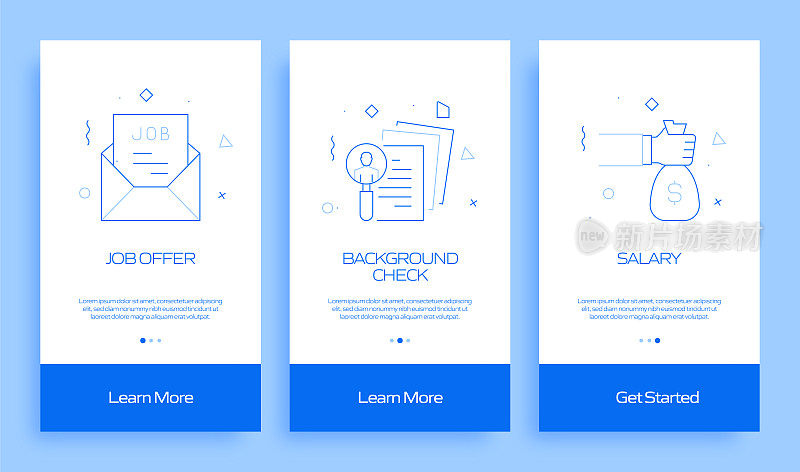 工作和简历概念入职手机应用程序页面屏幕与平面图标。UI设计模板矢量插图