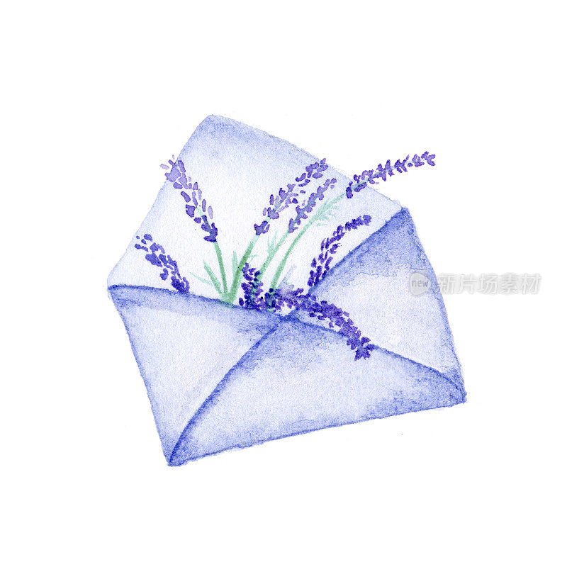 水彩信封与薰衣草花孤立在白色的背景，浪漫的邀请与薰衣草作为元素的设计浪漫的信息和母亲节卡片