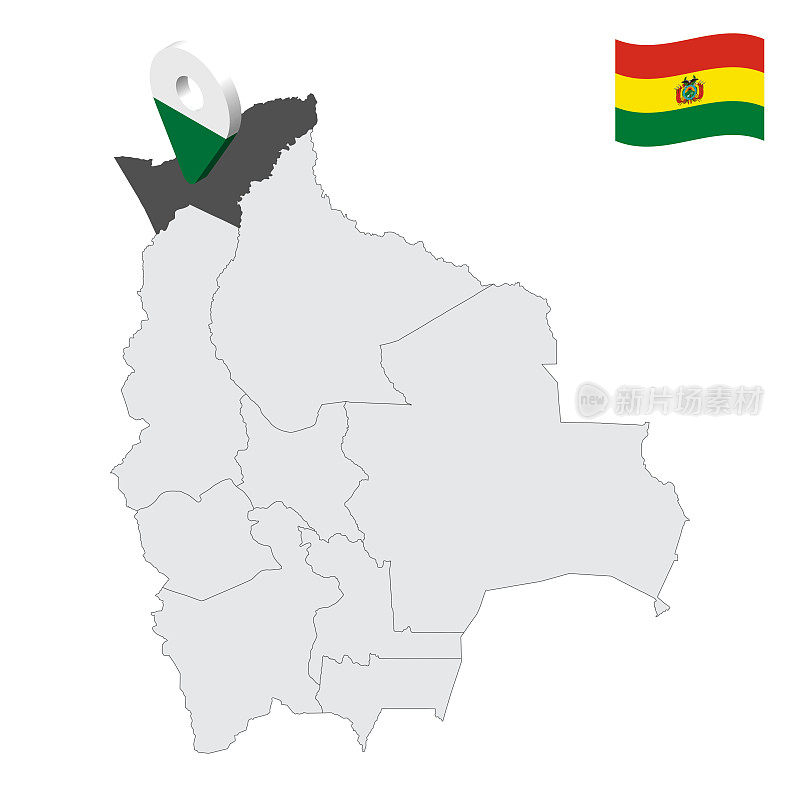 位置潘多部门在地图玻利维亚。3d位置标志类似潘多的国旗。质量地图与部门玻利维亚为您的设计。EPS10