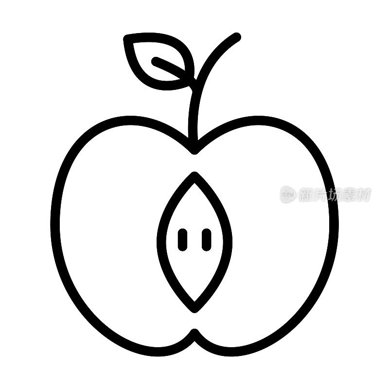 从生态收集的一半苹果图标。薄线性一半苹果，一半，苹果轮廓图标孤立在白色背景。线向量半苹果符号，网页和移动符号。