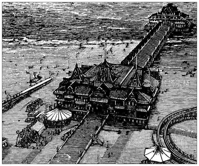 美国古董插图，纽约地标和公司:科尼岛，铁码头