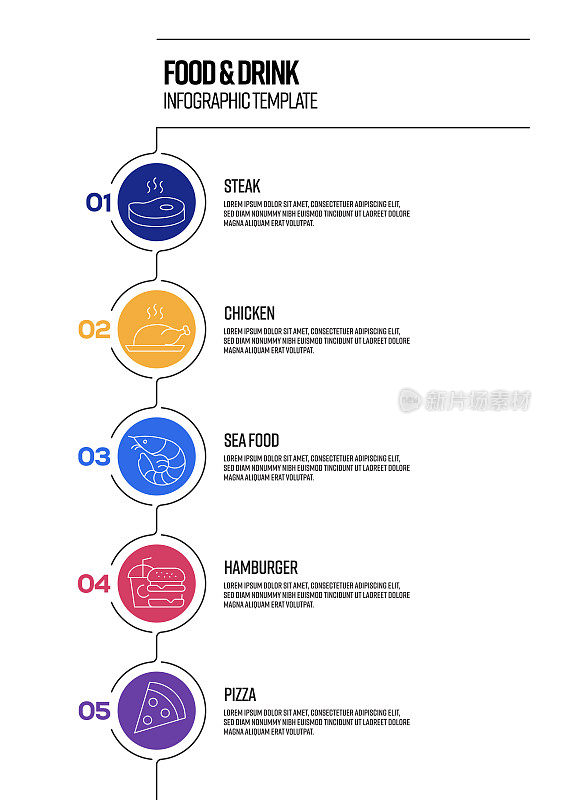食品和饮料概念矢量线信息图设计与图标。5选项或步骤的展示,横幅,工作流程布局,流程图等。