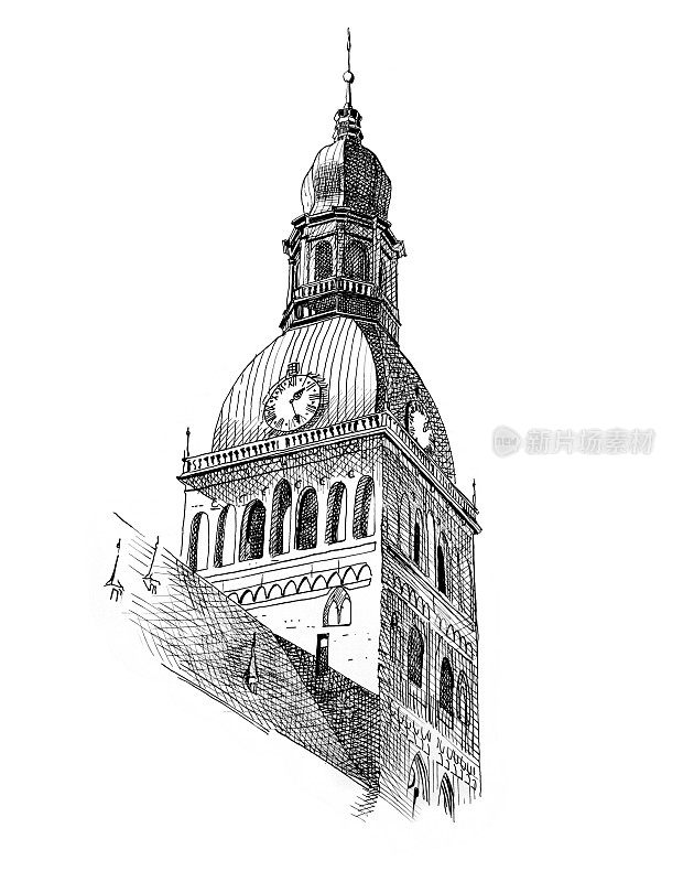 大教堂圆顶教堂塔的城市草图