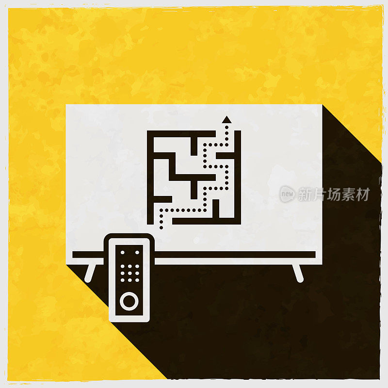 电视与迷宫。图标与长阴影的纹理黄色背景
