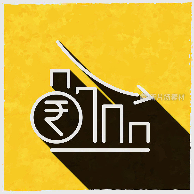 印度卢比汇率下降图表。图标与长阴影的纹理黄色背景