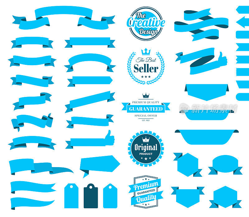 采购产品一套蓝色缎带，旗帜，徽章，标签-设计元素在白色背景