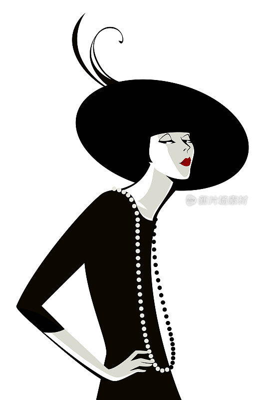 戴着珍珠项链的黑色帽子的时髦女人